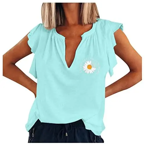 Produktbild: Sommer Lockere Geblümtes Sanft Shirts Frauen Oversize V-Ausschnitt Modisches Hemdbluse Strand Volant Rüschenärmel Shirts Damen E290