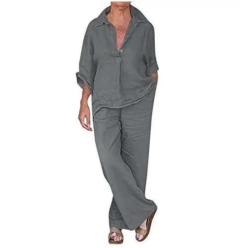 Produktbild: Sommer Outfit Damen Zweiteiliger Damen Anzug Aus Baumwolle Und Leinen Mit Tasche, Outfits Leicht Und Luftig, Günstig Hausanzug Elegant Schicke