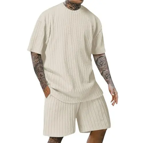 Produktbild: Sommer Outfit Herren Einfrabige Locker Shorts Und Tshirt Set Trainingsanzug Mode Casual Freizeitanzug T Shirt Kurz Hose Zweiteiler Sommer Atmungsaktiv Jogginganzug Sportanzug Kleidung Männer