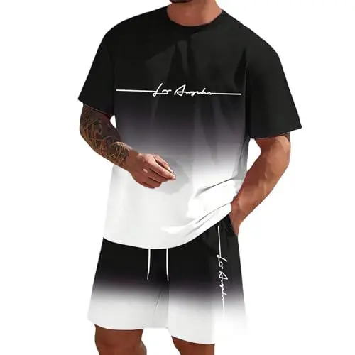 Produktbild: Sommer Outfit Herren, Trainingsanzug Herren - 2 Teiler Sommer Lässig Jogginganzug Sportanzug Kurze Hosen + T Shirts Bequeme Komfort Freizeitanzug Männer Jogginganzug Aufdruck Zweiteiliges Set