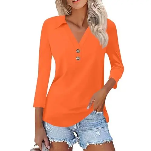 Produktbild: Sommer Pullover Damen T Shirt Damen 3/4 Arm Schwarze Bluse Hawaii Shirt Damen Basic Tshirt Pailettenshirt Damen Tops, T-Shirts & Blusen für Damen Damen Blusen 3/4 Arm Lange Orange XL