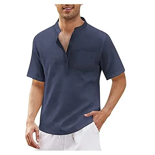 Produktbild: Sommerhemd Herren V Ausschnit Tshirt Langarm Herren Herren Tshirt V Ausschnitt Hawaii Hemd Bügelfrei Unterhemden T Shirt Sport Herren Muslimische Kleider Herren Kompressionsshirt Herren（1-Navy，3XL）