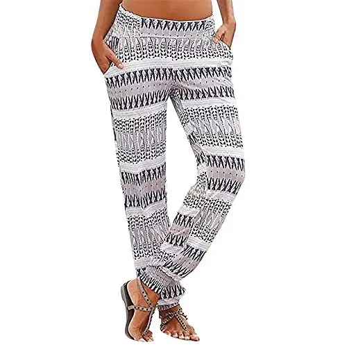 Produktbild: Sommerhose Damen Blumenmuster Pant Lange Haremshose Schlupfhose Boho Strandhose Leicht Freizeithose Loose Sommerhose Frauen Hose mit Taschen Straight f-Mehrfarbig XL