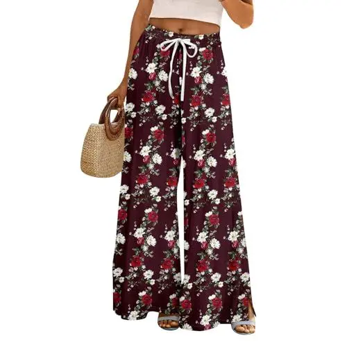 Produktbild: Sommerhose Damen Elastischem Bund Hosen Für Frauen Bundfaltenhose Lang Blumenmuster Weites Bein Elegante Hohe Taill Palazzo Tunnelzug Passform Herbst Pants Mit Seitentaschen 05-Weinrot XL