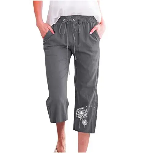 Produktbild: Sommerhose Damen Leicht 7/8 Leinenhose Sommer High Waist Arbeitshose Elegant Stoffhose Locker Luftig Caprihose mit Tunnelzug und Taschen Pyjamahosen Baumwolle und Leinen Jogginghose