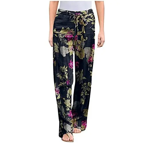 Produktbild: Sommerhose Damen Leicht Und Luftig Hose Damen Damenhose Blumenhose Plus Size Enge Leinen Freizeithose mit Taschendruck Baumwolle Plus Size Hose Leichte Sommerhose Mit Gummizug Hose (Dark Blue, XXXXL)