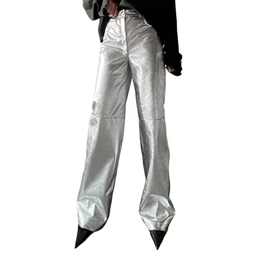 Produktbild: Sommerhosen Damen Elegant Wollhose Damen Elegant , locker sitzende PU-Hose aus silbernem , lässige Hose mit weitem Bein, hohe Taille, gerade Beinhose Hose Damen Business Schwarze Damen (Silver, S)