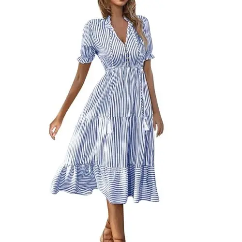 Produktbild: Ansenesna Midikleid Damen Sommer Gestreift Kleid Damen Elegant Elegante Kleider mit Knopfleiste Sommerkleider Damen Leicht Und Luftig Sommerkleid Frauen Midi V Ausschnitt Rüschen Damenkleider