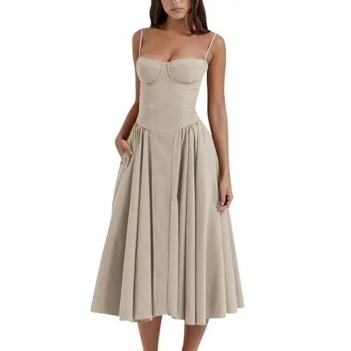 Produktbild: Sommerkleid Damen Abendkleid Damen Blaues Kleid Damen Kleider Sexy Elegant Damen Dress Abendgarderobe Damen Brautmode für Frauen Ab 50 Kleid Vokuhila Kleid Plisseekleid Damen Braun S