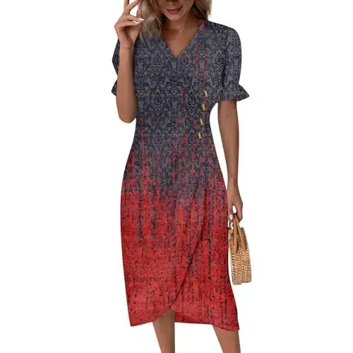 Produktbild: Strandkleid Damen Lange Abendkleider Kleid Kurz Rockabilly Damen Kleid Frozen Tanzkleider Damen Kleid Damen Party Wickelkleid Damen Party Lange Abendkleider mit Ärmel Kleid Rot XL