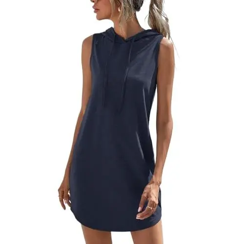 Produktbild: Sommerkleid Damen Baumwolle Damen Hoodie Mit Kapuze Ärmellose Tshirts Damen Sommer Freizeitkleid Yoga Tanktop Für Damen Shirtkleid Damen Kapuzen T-Shirt Damen Sportliche Kleider Marine S