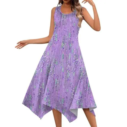 Produktbild: Sommerkleid Damen Blusenkleid Sommerkleid Festliche Kleider Für Hochzeit Hochzeit Strandkleid Strandkleid Damen Festliche Kleider Für Damen Sommerkleid Blumen 3/4-Arm Tunika Kleid（2-Purple,M）