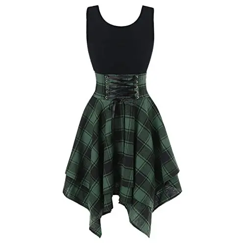 Produktbild: Sommerkleid Damen Elegant Kleider Frauen Sommer Rockabilly Kleider Damen Kariert Sommerkleider Damen Leicht Und Luftig Partykleid Abschlusskleid A Linie Abendkleid Schwingen Ballkleid Schnürung