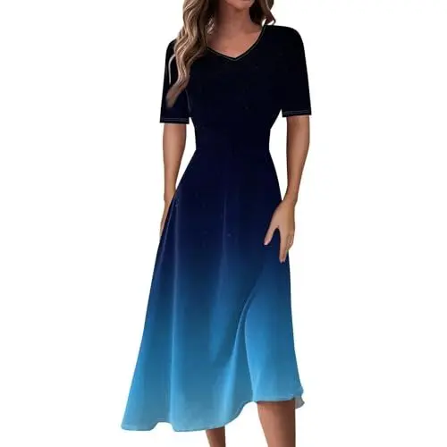 Produktbild: Sommerkleid Damen Elegant V-Ausschnitt Hohe Taille Maxikleid Kurzarm Kleid Freizeitkleid Leicht Luftige Farbverlauf Strandkleid Taille Kurzarm Swing Kleider Abendkleid Langarm Partykleid