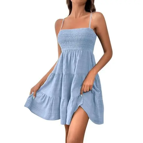 Produktbild: Sommerkleid Damen Kurz Elegant Gesmoktes Kleid Spaghettiträger Sommerkleider Damen Leicht Und Luftig Volant Kleider Damen Sommer Rückenfrei Trägerkleid Frauen Schwingen Träger Volantkleider