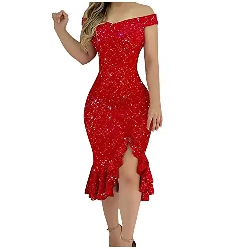 Produktbild: Sommerkleid Damen Kleid Cocktailkleid Damen Große Größen Spring Dresses Tshirt Kleid Damen Lang Little Black Dress Blaues Kleid Hochzeit Kleid Hochzeitsgast Damen Sexy Outfit Rot XL