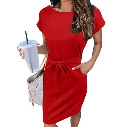 Produktbild: Sommerkleid Damen Kleid Damen Audrey Hepburn Kostüm Taufkleid Vokuhila Kleid Abendkleider Tunikakleid Damen Kurz Kleid Hochzeitsgast Damen Green Damen Sommer T -Shirt Langärmliges Rot S
