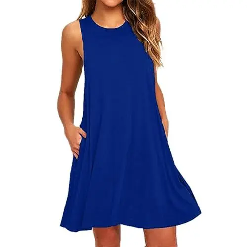 Produktbild: Sommerkleid Damen Kurz Damenkleider Rundhals Ärmellos Minikleid A Linie Sommerkleider Damen Leicht Und Luftig Kleider mit Taschen Kleid Frauen Casual Elegant Strandkleid Dünne Locker