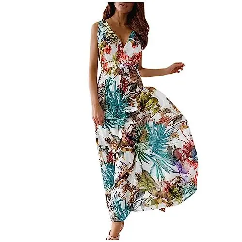 Produktbild: Ansenesna Strandkleid Damen Blumen Lang Leichte Sommerkleider Damen V Ausschnitt Elegant Kleider Frauen Sommer Hawaii Maxikleider Ärmellos Luftige Sommerkleid Blumenmuster