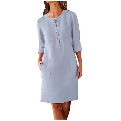 Produktbild: Sommerkleid Damen Lang Rundhals Gerade Geschnitten Midikleider mit Taschen Langarm Leinenkleider Elegant Leicht Damenkleider mit Knopfleiste Frauen Kleider Einfarbig Locker Kleid