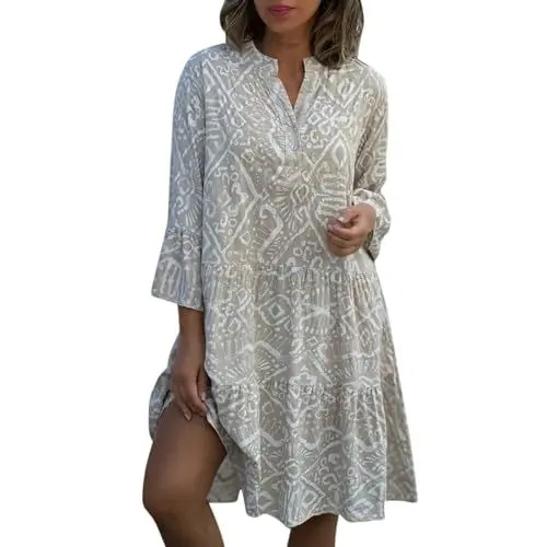 Produktbild: Sommerkleid Damen Leicht Und Luftig Boho Kleider Damen Sommer Knielang A Linie Kleid Frauen Rüschen Sommerkleid Damen Elegant Volant Boho-Kleid 3/4 Ärmel Damenkleid Stehkragen mit Knopfleiste