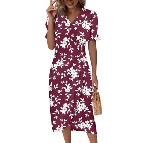 Produktbild: Sommerkleid Damen Strandkleid Damen Shirts Sommer Green Figurschmeichelndes Kleid Little Black Dress Kleid Schwarz Kleider Damen Flower Kleid Schwarz Kurz Rotes Kleid Damen Rot 2XL