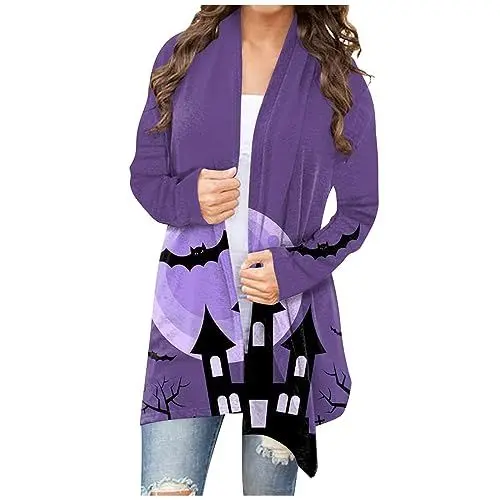 Produktbild: Sommerkleid V Ausschnitt Cardigans Damen Warm Cardigan Langarm Halloween Cartoon Tailliert Longtops Damen Golf Dicker Long Rundhals Lässige Lila