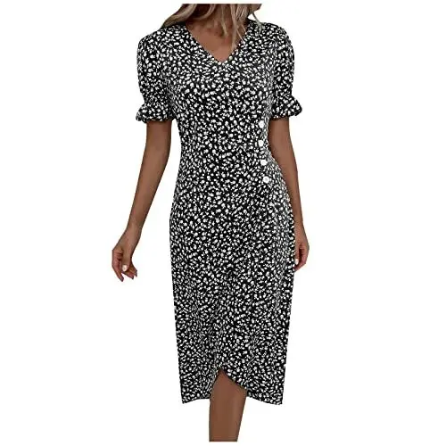 Produktbild: Sommerkleid für Damen V-Ausschnitt Kurzarm Knielang Midi Freizeitkleid High Waist Retro Cocktailkleid Shirtkleider Knopf Midi Kleider High Low Wickelkleid