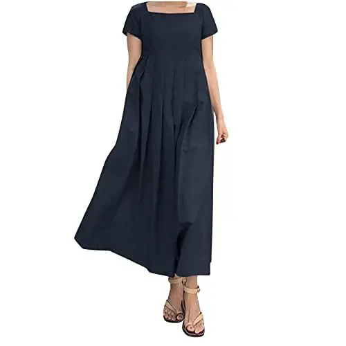 Produktbild: Sommerkleider Sommerkleid Damen Elegant Freizeitkleider Einfarbig Sommer Bekleidung Frauen Lederkleid Kurzarm Abendkleid Hochzeit Teenager Mädchen Boho-kleid Freizeitkleid Marine M