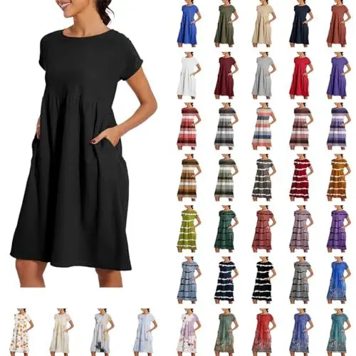 Produktbild: Sale Angebote Freizeitkleider Für Damen Strandkleid Damen Große Größen 52 Baumwolle Kleider Damen Kurzarm Loose Casual Maxikleid Mit Taschen Frauen Knielang Kleider Meine Bestellung