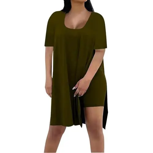 Produktbild: Sommeroutfits Damen 2 Teiler Ärmellos Langer Saum Tank Top + Hosen 2 Teiliges Strandurlaub Lounge Sets Zweiteiler Homewear Pyjama Tunik Oberteile Und Figurbetonte Biker Shorts (A2-Camouflage, XL)