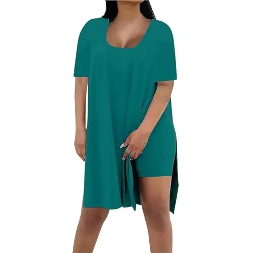 Produktbild: Sommeroutfits Damen 2 Teiler Ärmellos Langer Saum Tank Top + Hosen 2 Teiliges Strandurlaub Lounge Sets Zweiteiler Homewear Pyjama Tunik Oberteile Und Figurbetonte Biker Shorts (A2-Mint Green, XL)