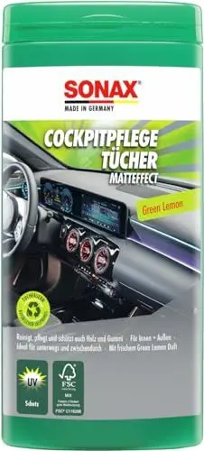 Produktbild: SONAX CockpitPflegeTücher Matteffect Green Lemon Box (25 Stück) reinigen, pflegen und schützten alle Kunststoffteile, Holz und Gummi mit Geen Lemon-Duft | Art-Nr. 04128000
