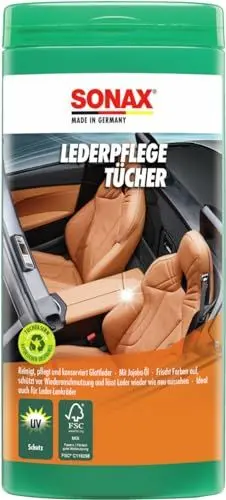 Produktbild: SONAX LederPflegeTücher Box (25 Stück) reinigen schnell, einfach und gründlich alle Oberflächen aus Glattleder | Art-Nr. 04123000