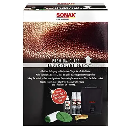 Produktbild: SONAX PREMIUM CLASS LederPflegeSet (3x 250 ml) inkl. 2x LederReiniger, 1x LederPflegeCreme, 1x MicrofaserTuch, 1x MicrofaserPflegePad, 1x IntensivreinigungsBürste | Art-Nr. 02819410