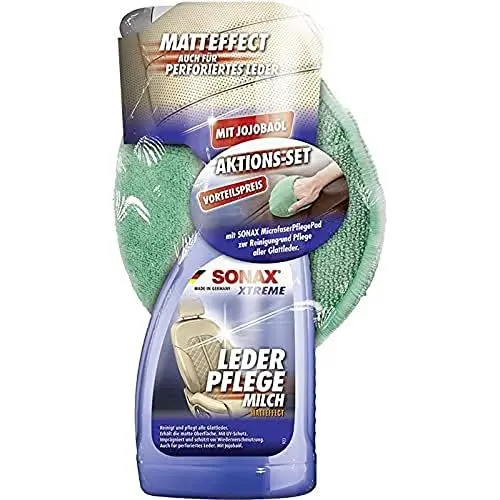Produktbild: SONAX Xtreme LederPflegeMilch (500 ml) mit MicrofaserPad (1 Stück) AktionsSet zur Reinigung und Pflege von glattem Echt- & Kunstleder | Art-Nr. 02547410