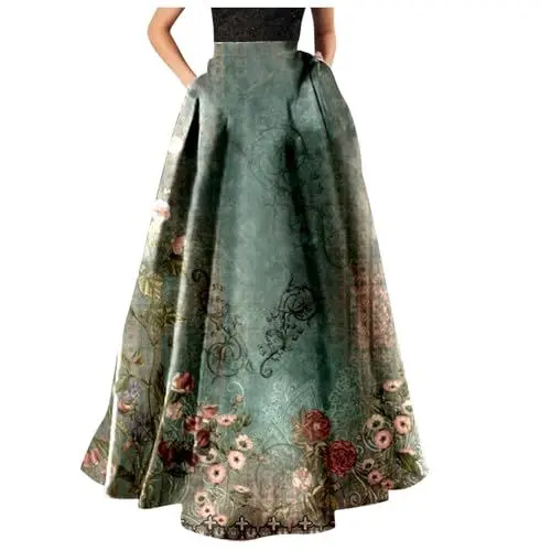 Produktbild: Sonderangebote Lange Röcke Maxikleid Damen Sommer Freizeit Mode Lang Rock, Langes Kleid Damen Elegant, Damen-Rock Mit Blumendruck, Hohe Taille, Party-/Strand-Tasche, Lange Angebote Roecke Baumwolle