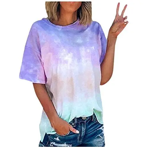 Produktbild: Summer Mit Rundhals Lose Volant T-Shirts Damen Übergrößen Elastisch Party T Shirt Modetalent Kurzes ärmel Tie Dye T Shirt Weiblich