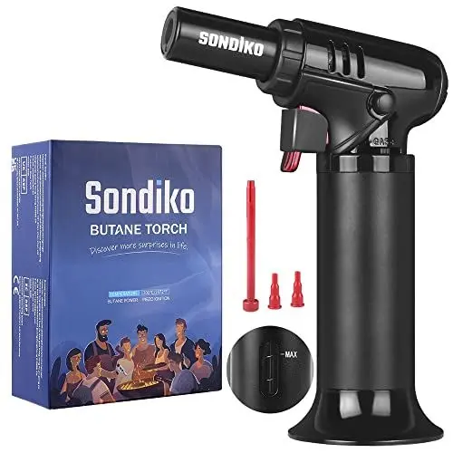 Produktbild: Sondiko Flambierbrenner mit Tankanzeige S907, Bunsenbrenner Nachfüllbarer Creme Brulee Brenner mit Sicherheitsschloss für die Küche, Gebäck, Desserts, Camping (Butan nicht inbegriffen)