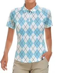 Produktbild: Soneven Atmungsaktiv Poloshirt Damen Leichtes Sportshirt Tailliert Karierte Bluse UPF 50+ Kurzarm 1/4 Reißverschluss Schnelltrocknend für Golf Tennis