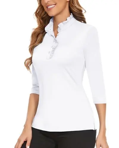 Produktbild: Soneven Bluse Damen Elegant Hemd 3/4 Ärmel Golf Poloshirt Damen Langarm Lady Office Hemdbluse Sommer Rüschen Stehkragen Oberteile Weiß XL