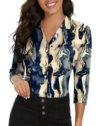 Produktbild: Soneven Poloshirt Damen Langarm 3/4 Arm Golf Polo Oberteil Bluse Damen Sommer Elegant Blusenshirt Damen mit V-Ausschnitt Business Hemdbluse Casual T-Shirt Crack-Druck M