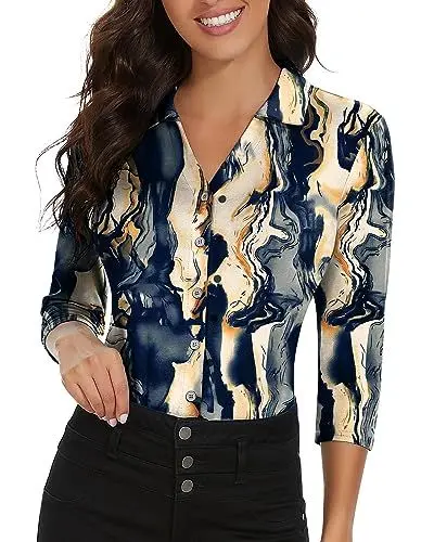 Produktbild: Soneven Elegante Bluse mit V-Ausschnitt für Damen - Sport T-Shirt mit Kragen - Langarm - Sommer Golf Poloshirt - Atmungsaktiv, Crackle-Druck, XXL