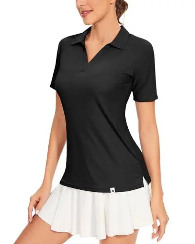 Produktbild: Soneven Damen Poloshirt V Ausschnitt Kurzarm Polohemd Sport Tshirts Gerippt Atmungsaktiv Schnelltrocknend Funktionsshirt für Golf Tennis(Schwarz,