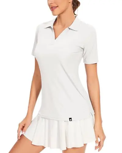 Produktbild: Soneven Damen Poloshirt V Ausschnitt Kurzarm Polohemd Sport Tshirts Gerippt Atmungsaktiv Schnelltrocknend Funktionsshirt für Golf Tennis(Weiß,