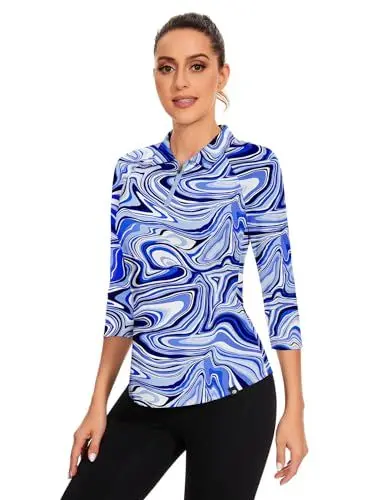 Produktbild: Soneven Golf Polo Shirt Damen 3/4 Ärmel Bluse Zip up Golf Polo Oberteil Langarm Sommer Funktionsshirt Damen Wandershirt Atmungsaktiv Blaue Wellen L