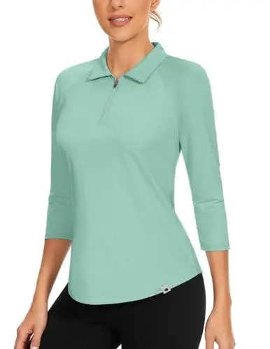 Produktbild: Soneven Golf Polo Shirt Damen 3/4 Ärmel Bluse Zip up Poloshirt Oberteil Sportshirt Damen Langarm Funktionsshirt Damen Wandershirt Atmungsaktiv Grün M