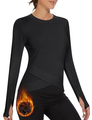 Produktbild: Soneven Thermo Funktionsshirt Damen Fleece Sportshirt Langarm Warm Sweatshirts Sport Oberteile Laufshirt Langarmshirts Kreuzsaum Mit Daumenlöcher(Schwarz, XL)