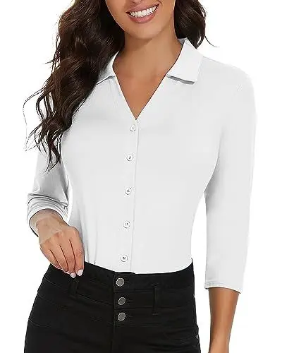 Produktbild: Soneven Weiße Bluse Damen Elegant Blusenshirt Damen mit V-Ausschnitt Poloshirt Langarm Golf Polo Business Oufit Hemdbluse Oberteil S