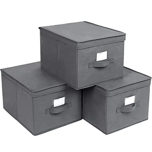 Produktbild: SONGMICS Aufbewahrungsbox, 3er Set, Faltbox mit Deckel, Boxen Aufbewahrung, Stoffbox mit Etikettenhalter, Aufbewahrungskorb, 40 x 30 x 25 cm, grau RFB03G